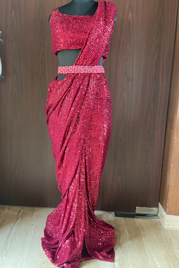 Pre Stitched red sequinned saree - Image 3
