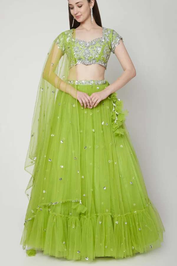 Preeti S Kapoor Olive Green Embroidered Lehenga Set