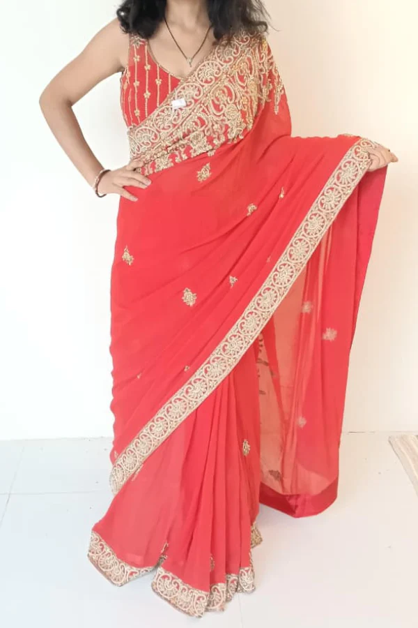 Rabani & Rakha red georgette saree set