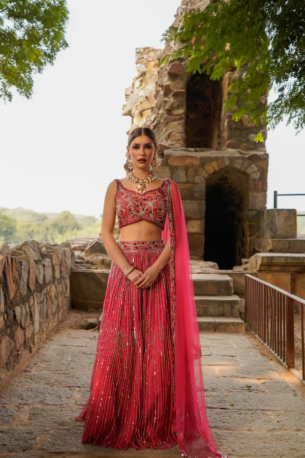 RANI PINK EMBELLISHED SEQUINNED LEHANGA SET