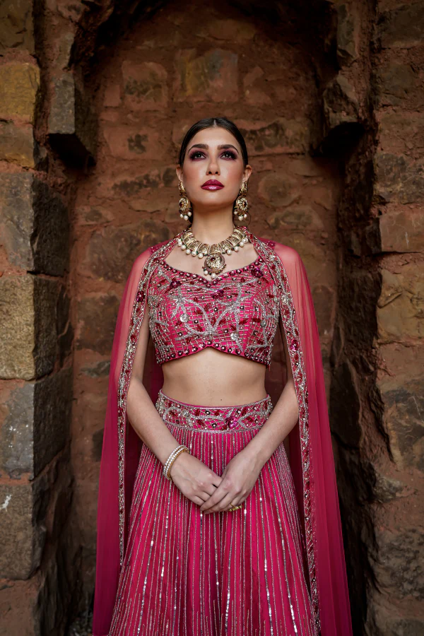 RANI PINK EMBELLISHED SEQUINNED LEHANGA SET - Image 2