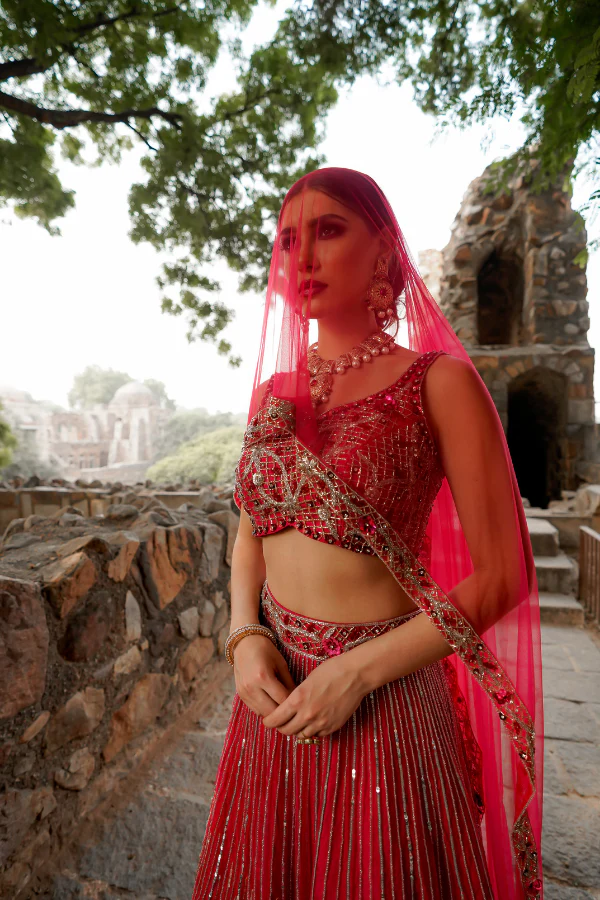 RANI PINK EMBELLISHED SEQUINNED LEHANGA SET - Image 3
