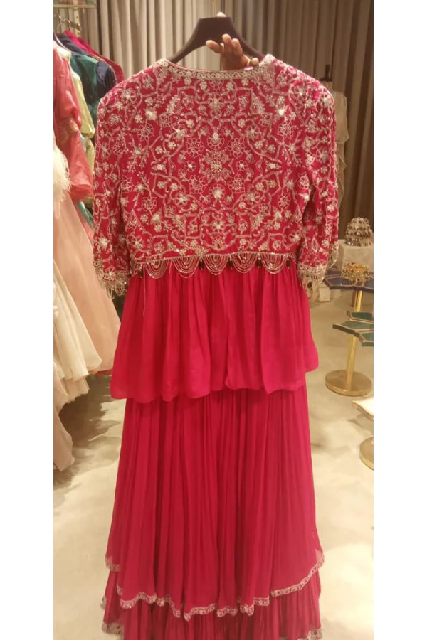 RIDHI MEHRA Embroidered Peplum Jacket With Blouse & Sharara Pants - Image 3