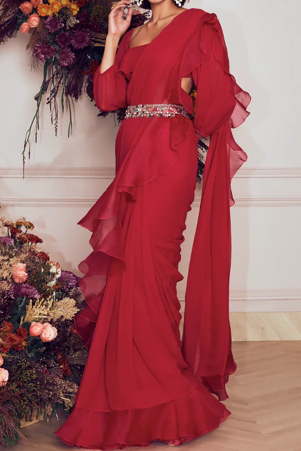 Ridhi Mehra Ruffled Pre-Draped Saree with Embellished Belt