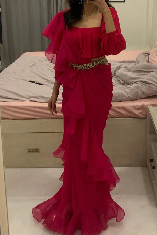 Ridhi Mehra Ruffled Pre-Draped Saree with Embellished Belt - Image 2