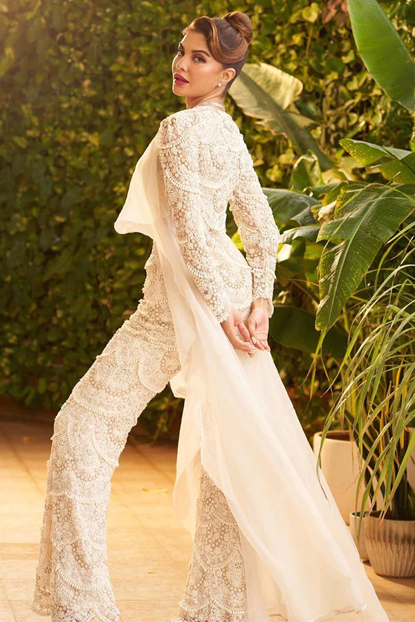 RIDHIMA BHASIN IVORY PEARL DROP EMBROIDERED JACKET SET - Image 3