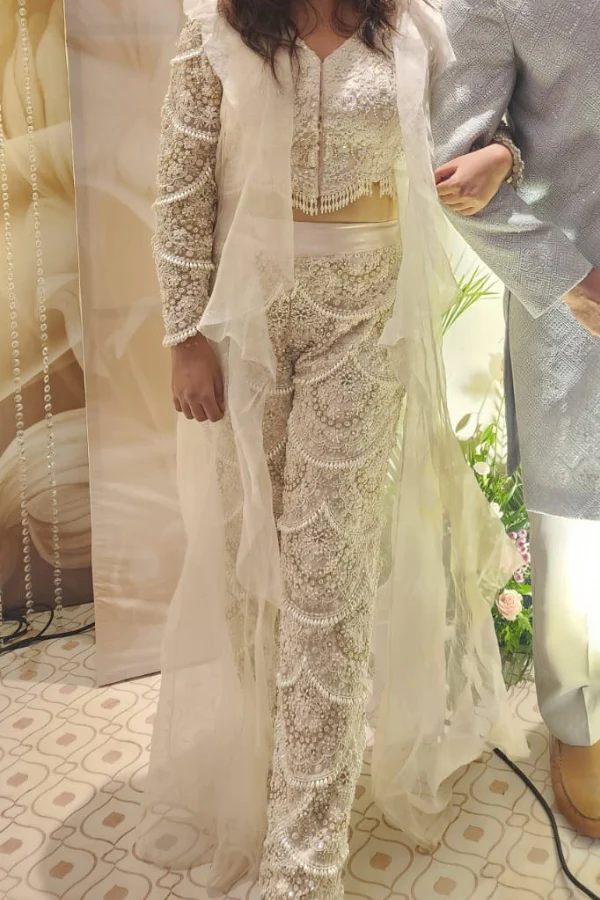 RIDHIMA BHASIN IVORY PEARL DROP EMBROIDERED JACKET SET - Image 5