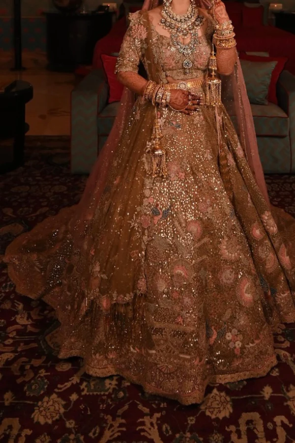 Rimple & harpreet Gold and pink embroidered lehenga - Image 2