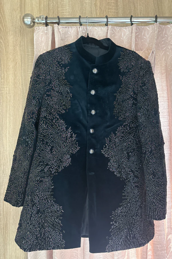 Rohit Gandhi Rahul Khanna Imperial Teal Velvet Embroidered Sherwani - Image 2