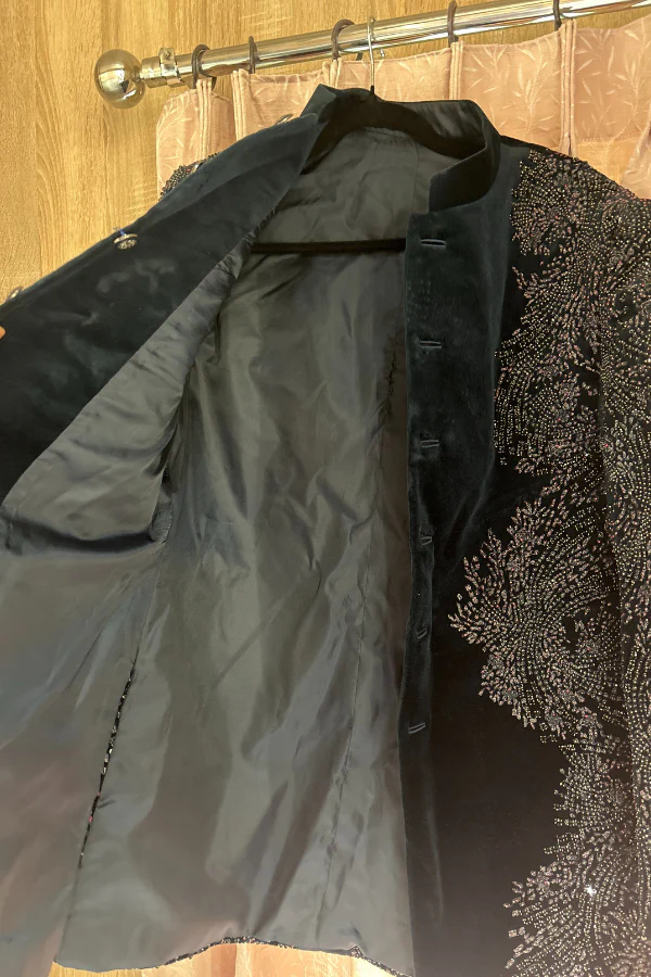 Rohit Gandhi Rahul Khanna Imperial Teal Velvet Embroidered Sherwani - Image 5