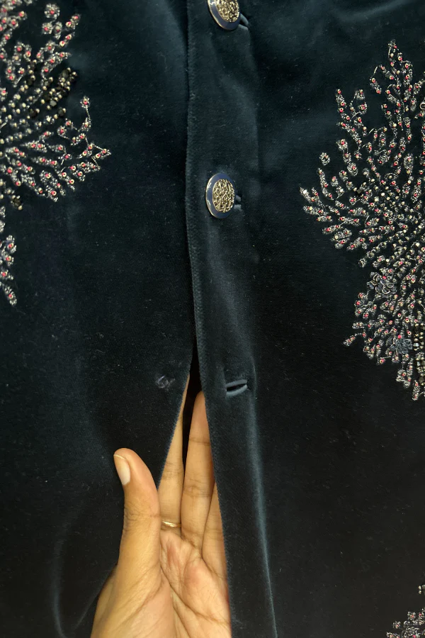 Rohit Gandhi Rahul Khanna Imperial Teal Velvet Embroidered Sherwani - Image 6