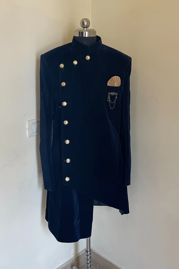 Royal blue velvet achkan