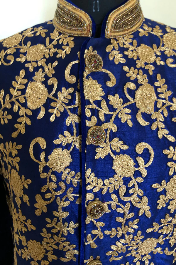Royal blue zari embroidered sherwani - Image 3