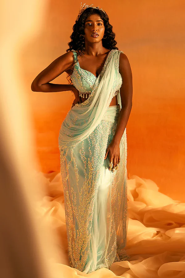 Saanjh by Lea Turquoise Pearl Embroidered Saree Set - Image 2