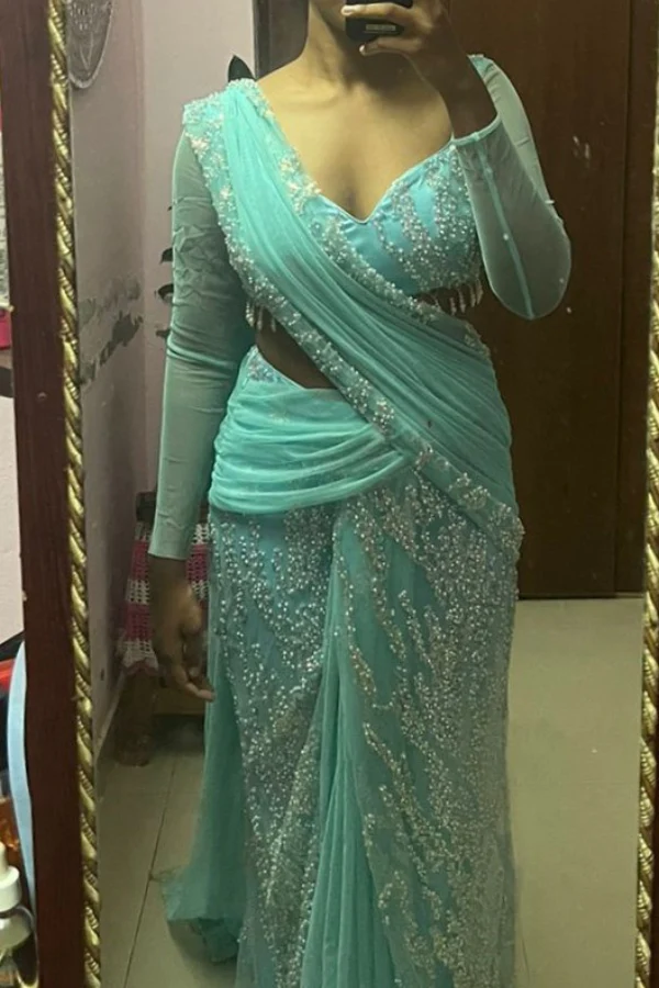 Saanjh by Lea Turquoise Pearl Embroidered Saree Set - Image 3