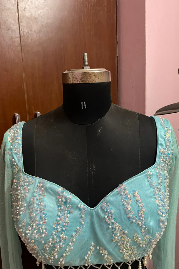 Saanjh by Lea Turquoise Pearl Embroidered Saree Set - Image 4
