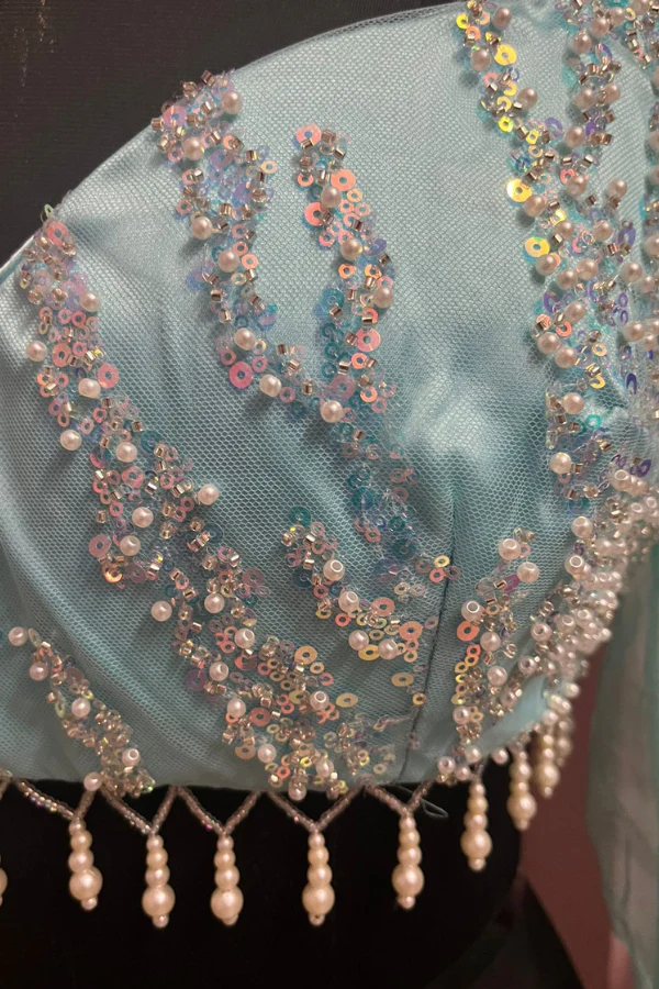 Saanjh by Lea Turquoise Pearl Embroidered Saree Set - Image 5