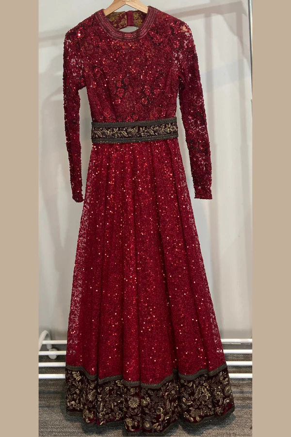 Sabyasachi Crimson Sequin Embellished Gown Set - Image 2