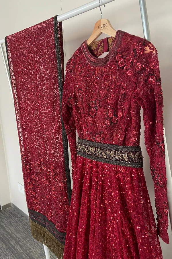 Sabyasachi Crimson Sequin Embellished Gown Set - Image 3