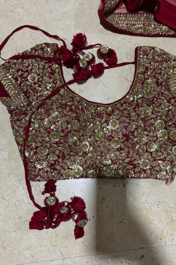 Sabyasachi dark red embroidered lehenga set - Image 3