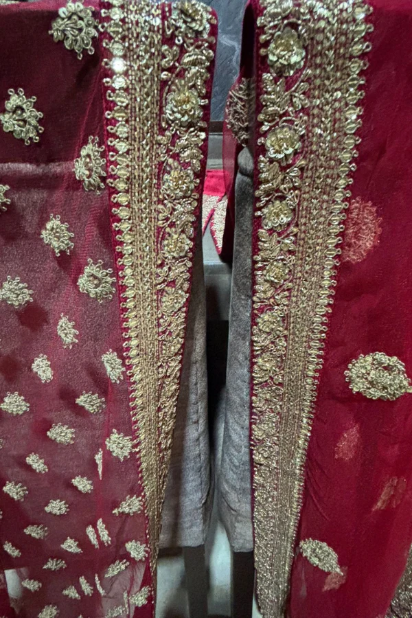 Sabyasachi dark red embroidered lehenga set - Image 4
