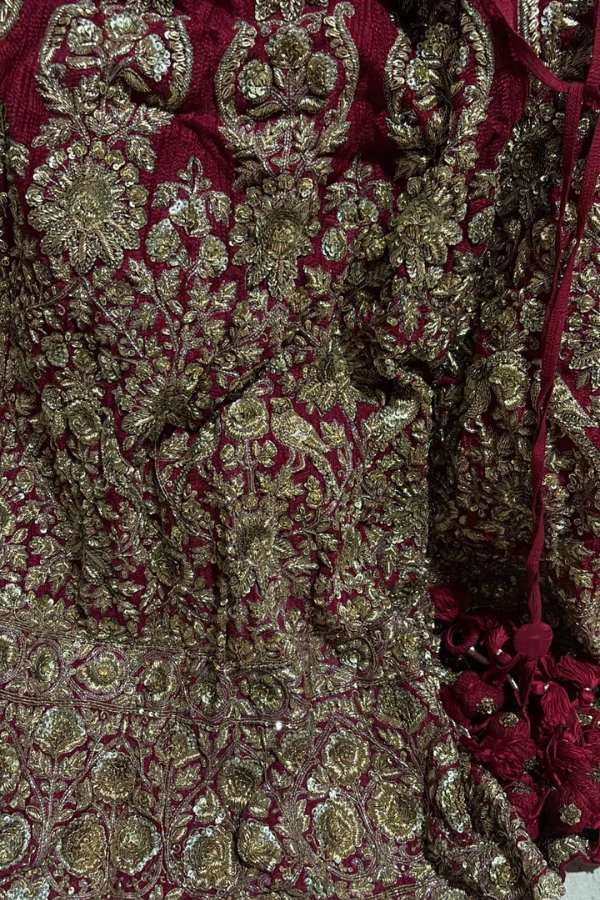 Sabyasachi dark red embroidered lehenga set - Image 5