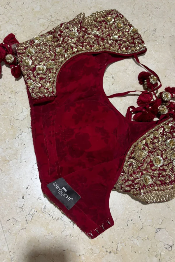 Sabyasachi dark red embroidered lehenga set - Image 6