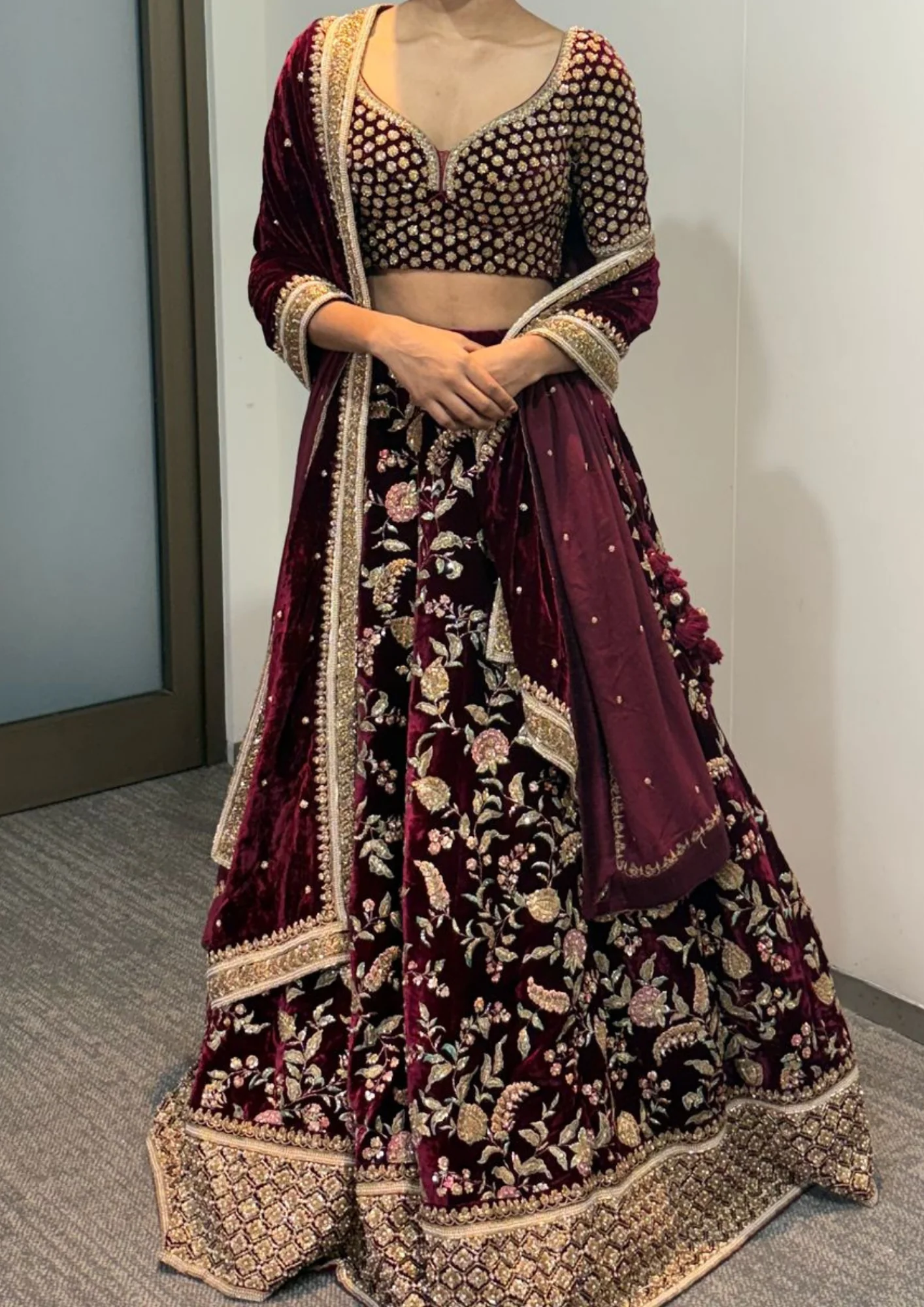 Sabyasachi Maroon Velvet Lehenga Set - Image 2