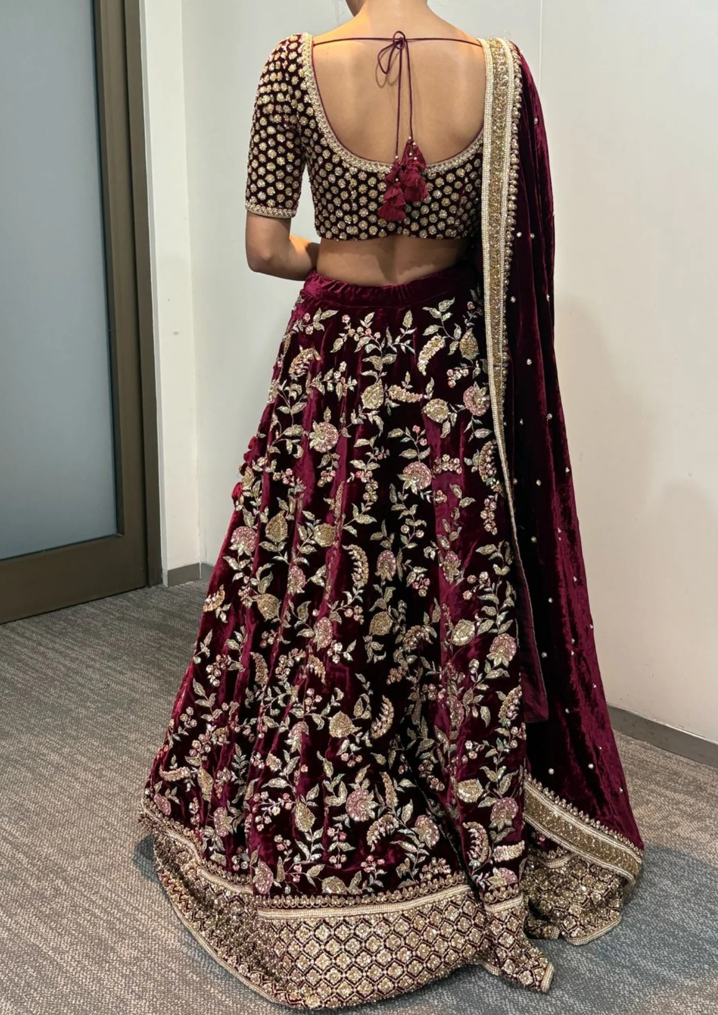 Sabyasachi Maroon Velvet Lehenga Set - Image 3