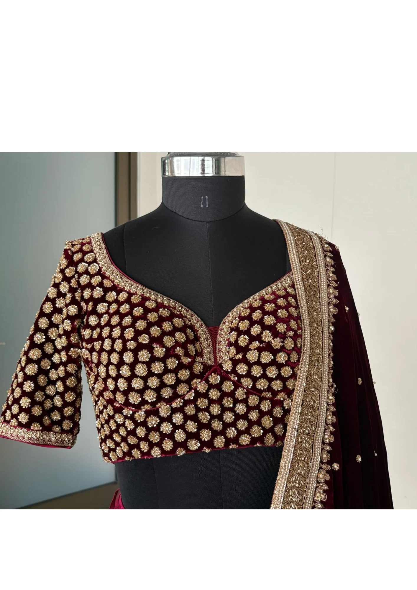 Sabyasachi Maroon Velvet Lehenga Set - Image 4