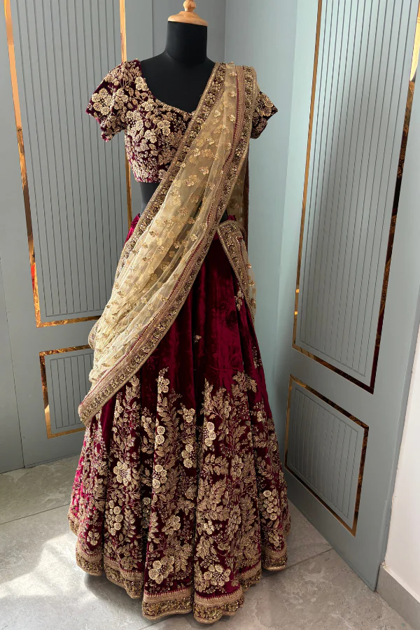 Sabyasachi maroon velvet lehenga set - Image 2