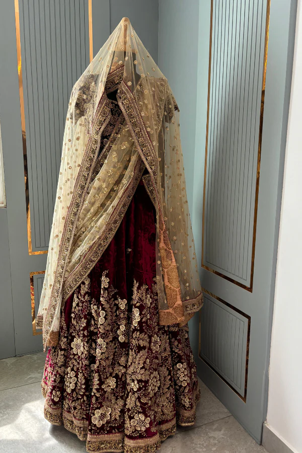 Sabyasachi maroon velvet lehenga set - Image 3