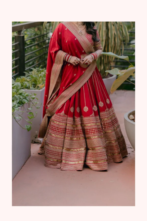 Sabyasachi Red & Gold Banarasi Lehenga Set - Image 3