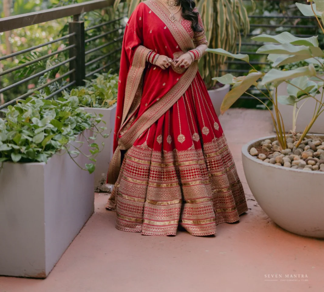 Sabyasachi Red & Gold Banarasi Lehenga Set - Image 9