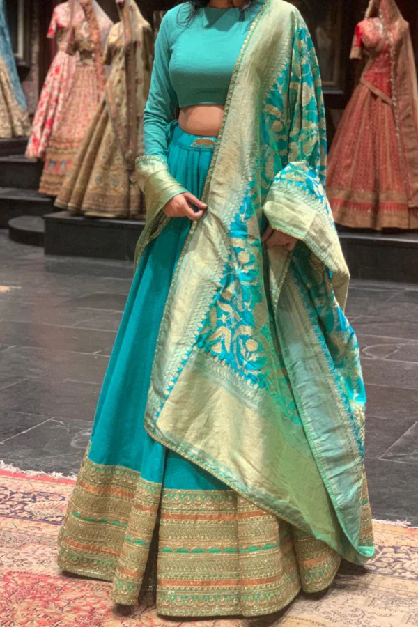Sabyasachi Turquoise Silk Lehenga Set - Image 2