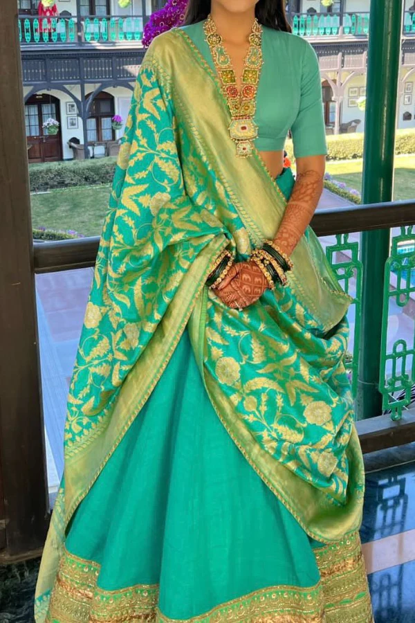 Sabyasachi Turquoise Silk Lehenga Set - Image 3