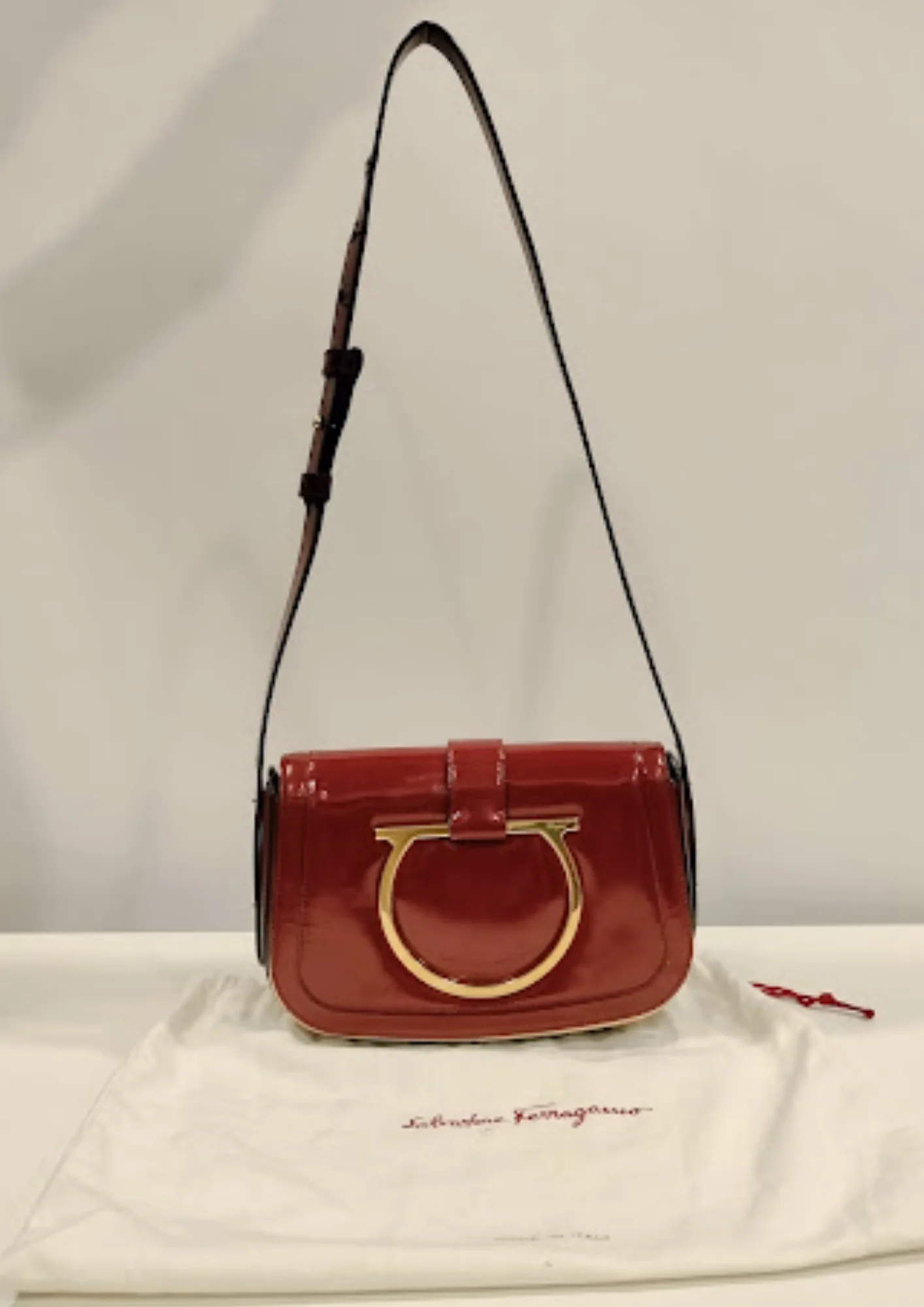 Salvatore Ferragamo Burgundy Patent Leather Gancini Flap Shoulder Bag - Image 3