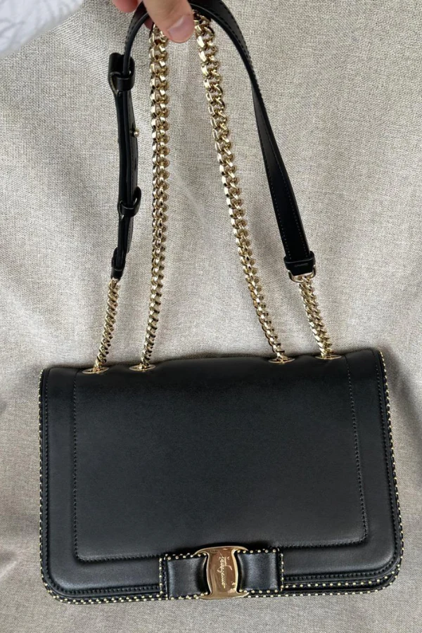 Salvatore Ferragamo Calfskin Studded Vara Bow Bag Black - Image 3