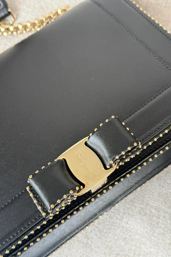 Salvatore Ferragamo Calfskin Studded Vara Bow Bag Black - Image 6