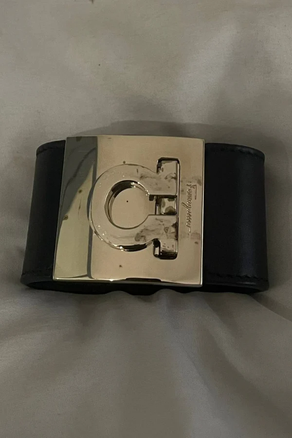 Salvatore Ferragamo Gancini Black Leather Cuff Bracelet