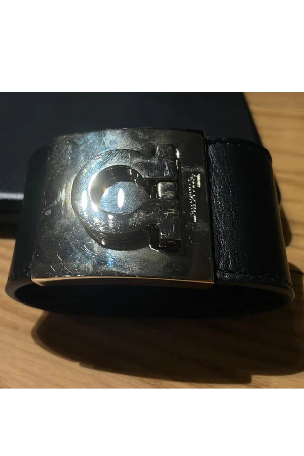 Salvatore Ferragamo Gancini Black Leather Cuff Bracelet - Image 4