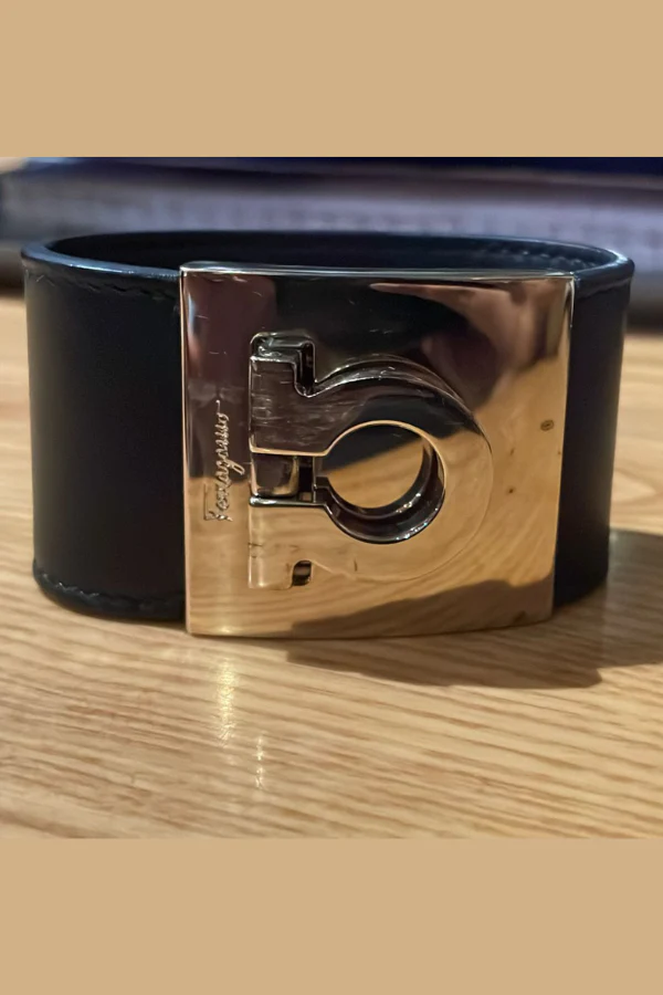 Salvatore Ferragamo Gancini Black Leather Cuff Bracelet - Image 5