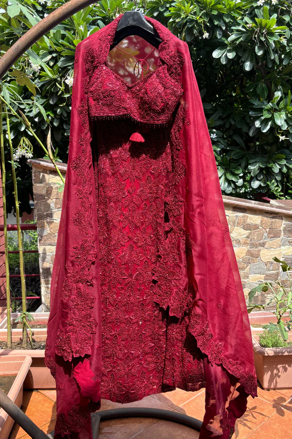 Sana Barreja Marsala Red Net Hand Embroidered Lehenga Set - Image 2