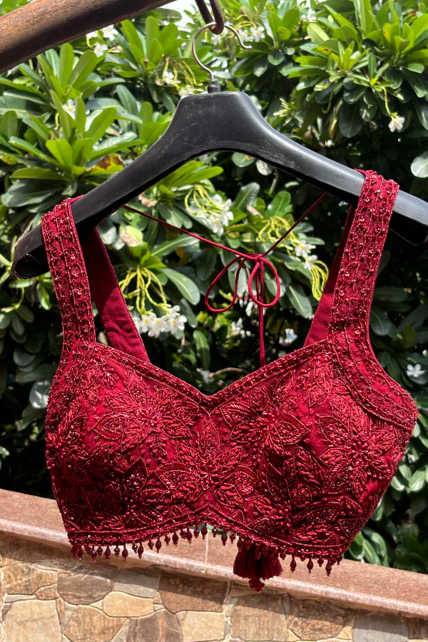 Sana Barreja Marsala Red Net Hand Embroidered Lehenga Set - Image 3