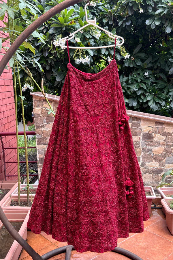 Sana Barreja Marsala Red Net Hand Embroidered Lehenga Set - Image 5