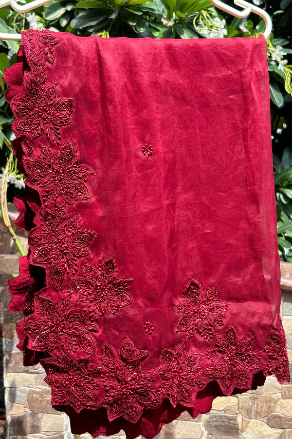 Sana Barreja Marsala Red Net Hand Embroidered Lehenga Set - Image 6