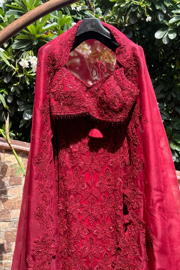 Sana Barreja Marsala Red Net Hand Embroidered Lehenga Set - Image 7