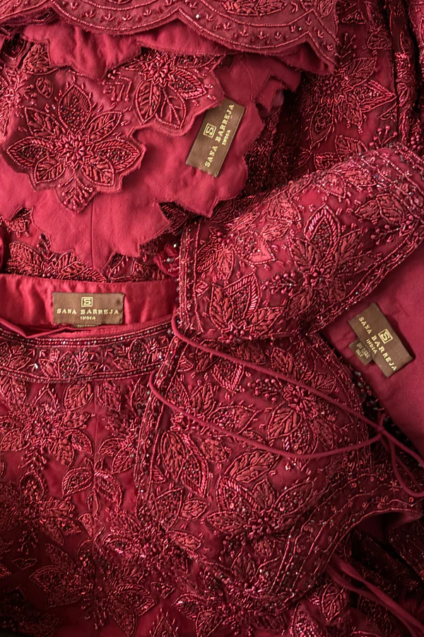 Sana Barreja Marsala Red Net Hand Embroidered Lehenga Set - Image 8