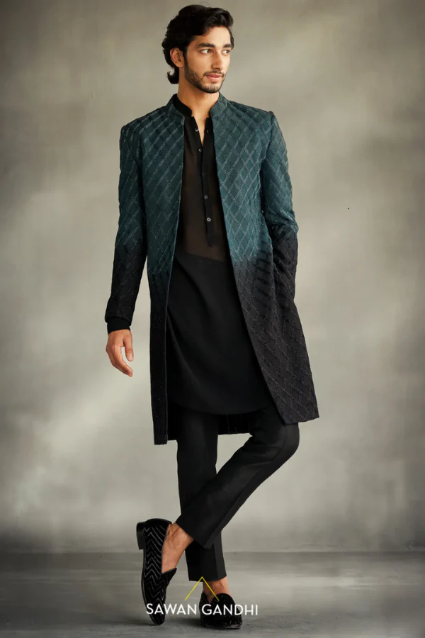 sawan gandhi TEAL BLACK OMBRE CUTDANA SHERWANI