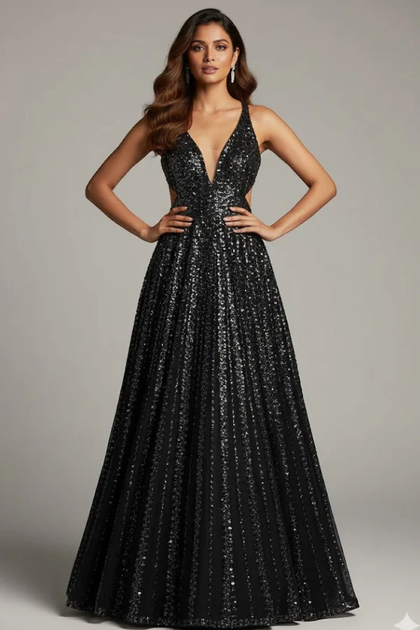 Seema Gujral Blue Sequins Embroidered Gown